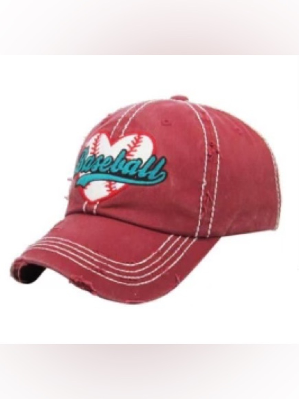 Distressed Red Baseball Cap with Heart Patch